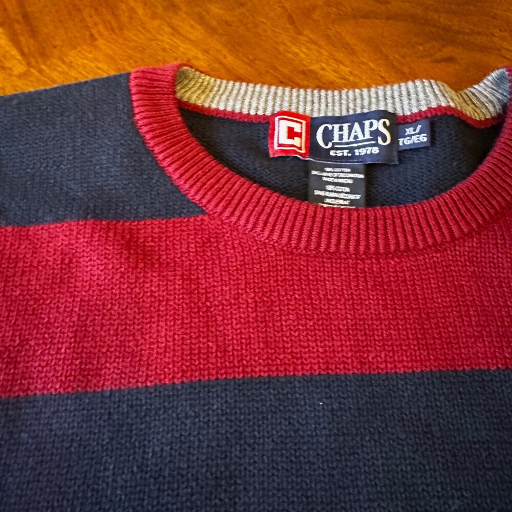 Chaps RL Mens XL Burgundy & Navy Crewneck Striped Sweater Cotton Preppy - Picture 9 of 9